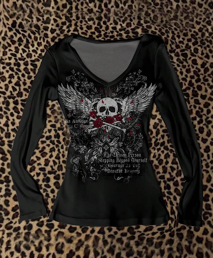 بلوز آستین بلند یقه هفت y2k  طرح اسکلت